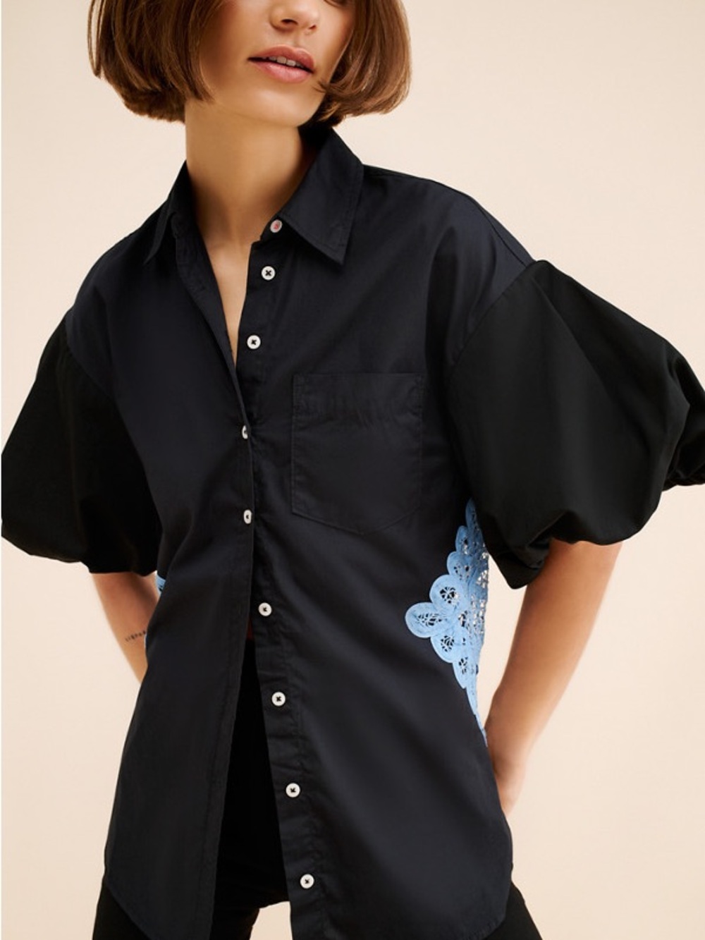 Tricia Fix Black Button-Down Shirt with Light Blue Lace Side